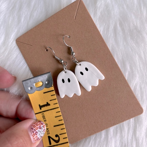 Halloween Ghost Silver Hook Earrings Polymer Clay - Picture 2 of 3
